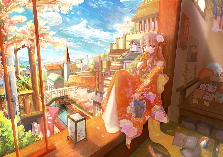 cherry blossoms, room, scenic, Kariya Kyou, Japanese clothes, anime girls, cities, skies - desktop wallpaper