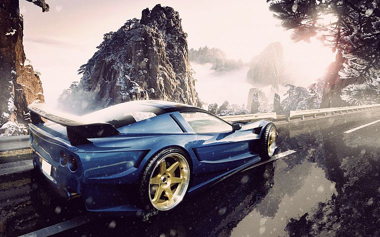 mountains, snow, cars, roads, vehicles, Corvette - desktop wallpaper