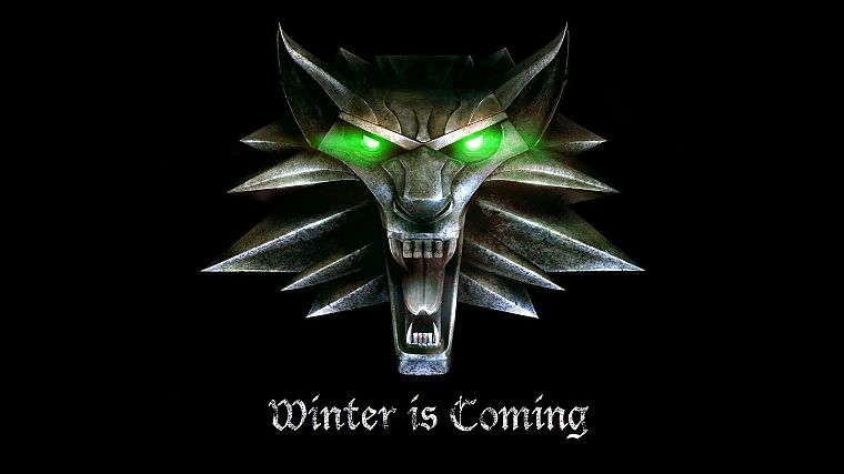 The Witcher, green eyes, alternative art, Winter is Coming, direwolf, black background - desktop wallpaper