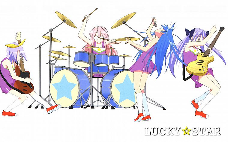 Lucky Star, Hiiragi Tsukasa, Takara Miyuki, bands, simple background, Izumi Konata, knee socks - desktop wallpaper