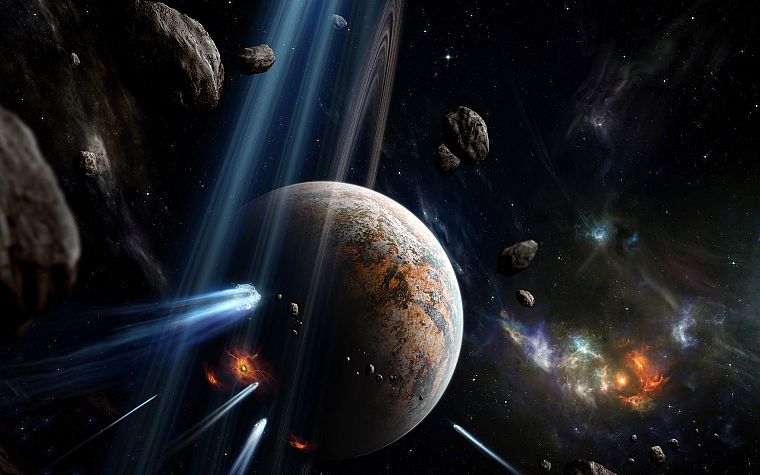outer space, stars, planets, rings, asteroids - desktop wallpaper