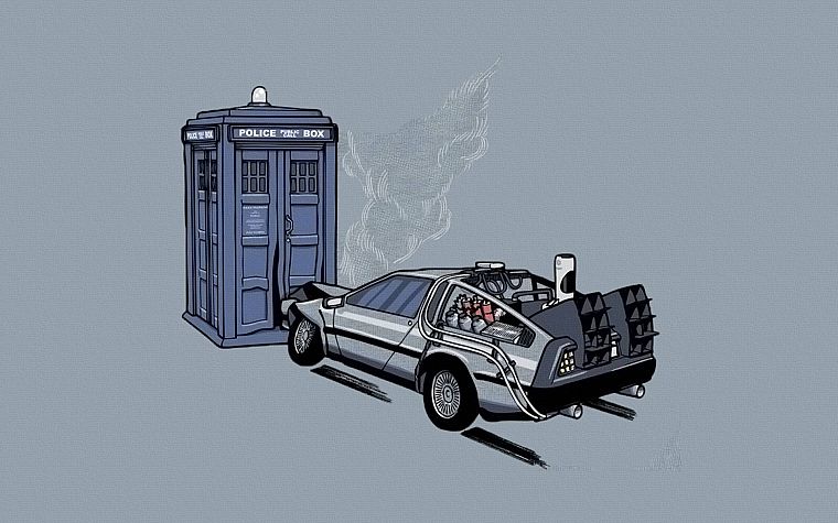cars, TARDIS, Back to the Future, Doctor Who, crossovers - desktop wallpaper