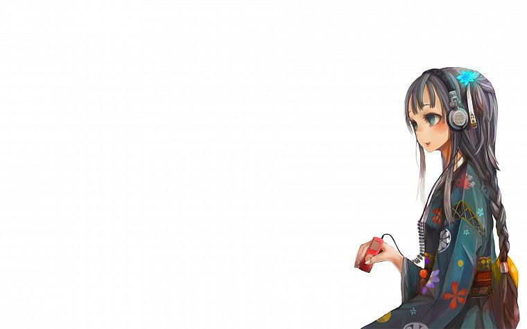 headphones, dress, Japanese clothes, simple background, anime girls - desktop wallpaper