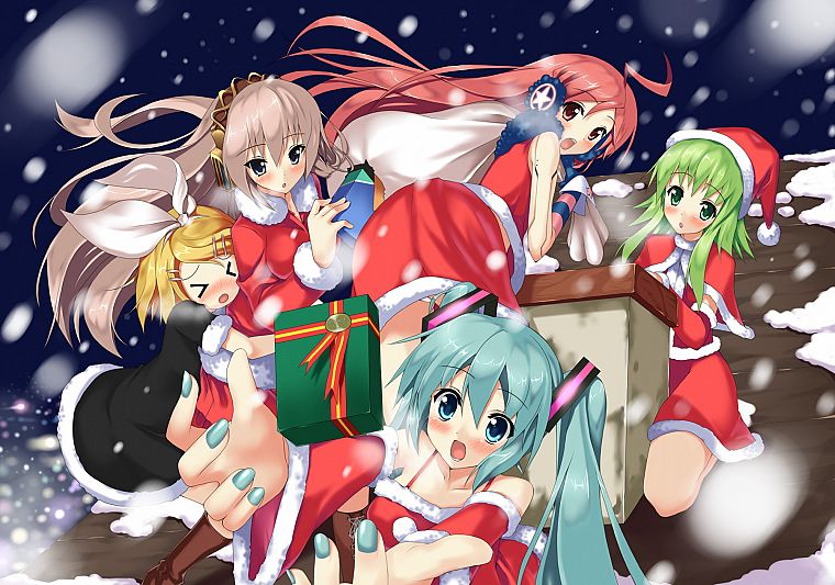 snow, Vocaloid, Hatsune Miku, Megurine Luka, Kagamine Rin, Megpoid Gumi, SF-A2 Miki, Santa outfit - desktop wallpaper