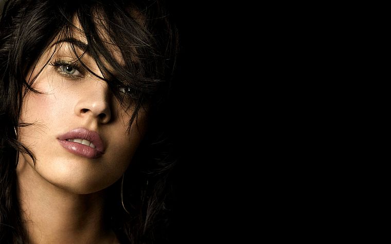 brunettes, women, Megan Fox, actress, celebrity, faces, black background - desktop wallpaper