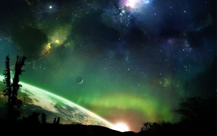 green, outer space, horizon, trees, stars, planets, Earth, atmosphere, science fiction, moons - desktop wallpaper