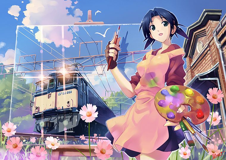 flowers, blue eyes, trains, paint, blue hair, artwork, anime girls, Vania600, original characters - desktop wallpaper