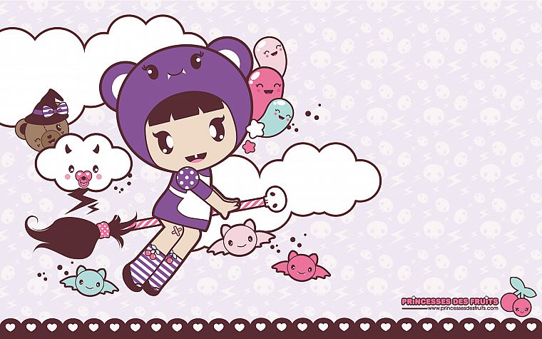 clouds, brooms, stuffed animals, open mouth, anime girls, bats, striped clothing, knee socks, striped legwear - desktop wallpaper