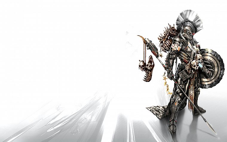 skulls, armor, shield, skeletons, artwork, warriors, spears - desktop wallpaper