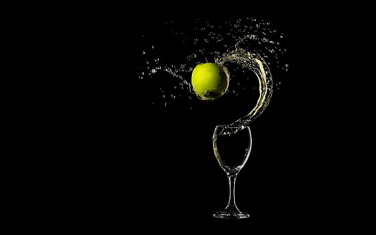 glass, drinks, apples, black background, splashes - desktop wallpaper