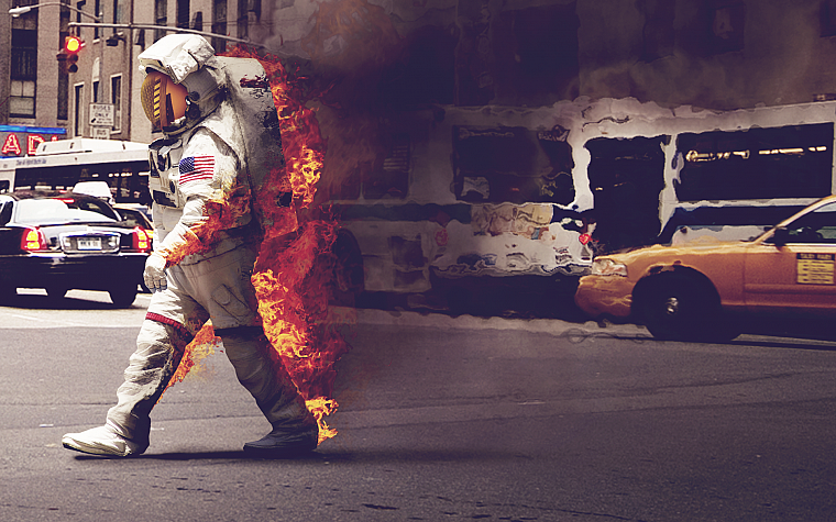 fire, riots, astronauts - desktop wallpaper