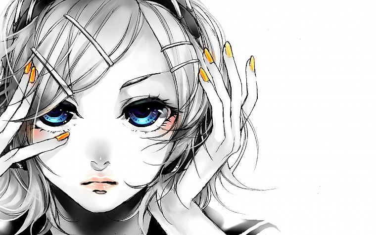Vocaloid, blue eyes, Kagamine Rin, anime girls, fingernails, Migikata no Chou - desktop wallpaper