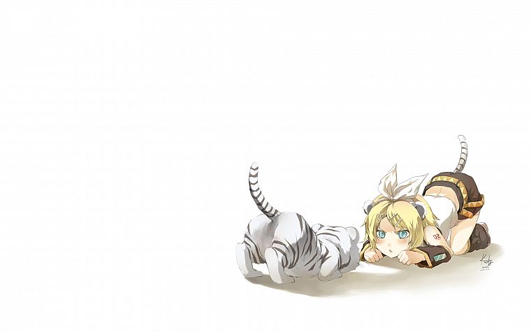 tails, Vocaloid, tigers, Kagamine Rin, animal ears, simple background, detached sleeves - desktop wallpaper