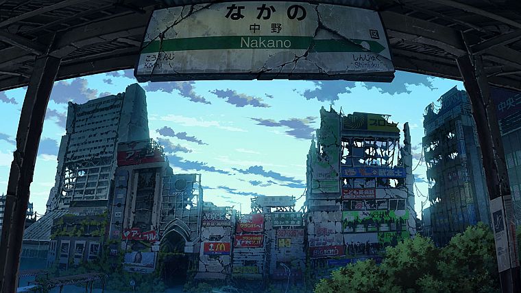 Japan, ruins, post-apocalyptic, signs, artwork, anime, Ivy, abandoned, flooded, cities, Nakano, TokyoGenso - desktop wallpaper