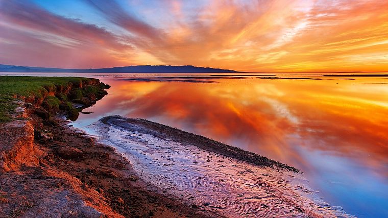 water, sunset, landscapes, reflections, beaches - desktop wallpaper