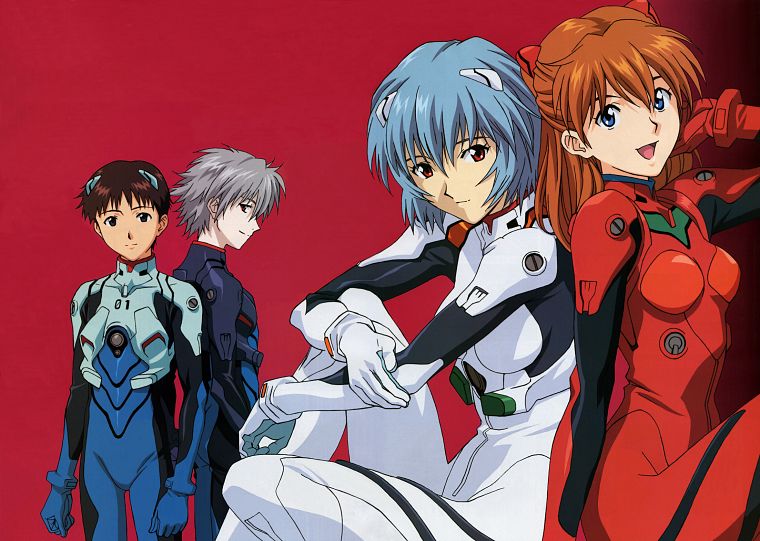 Ayanami Rei, Neon Genesis Evangelion, Ikari Shinji, Kaworu Nagisa, Asuka Langley Soryu, simple background - desktop wallpaper