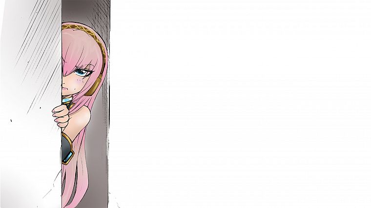 headphones, Vocaloid, blue eyes, Megurine Luka, pink hair, simple background, armbands - desktop wallpaper