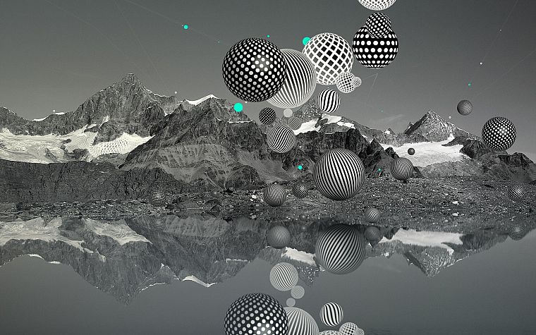 mountains, spheres, lakes, selective coloring, Desktopography, 3D, reflections - desktop wallpaper