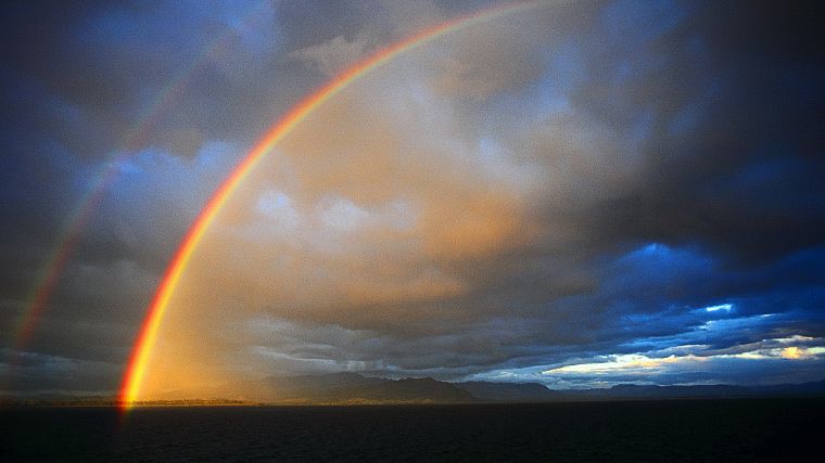 water, clouds, lens flare, rainbows, Seascape - desktop wallpaper