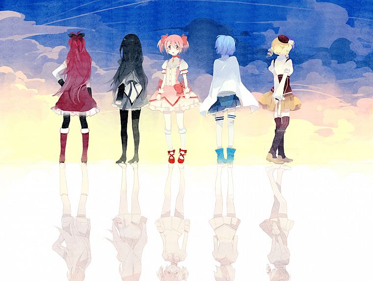 clouds, Mahou Shoujo Madoka Magica, Miki Sayaka, Sakura Kyouko, Tomoe Mami, Kaname Madoka, anime, Akemi Homura, anime girls - desktop wallpaper