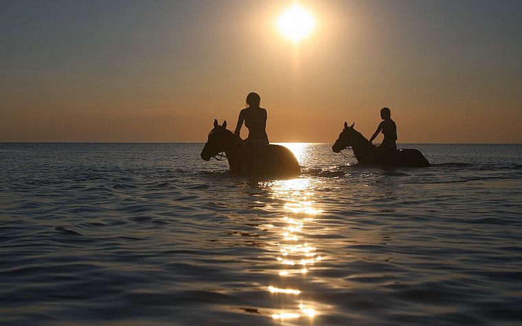 women, Sun, horizon, silhouettes, horses, sea - desktop wallpaper