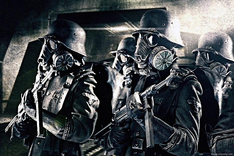 soldiers, weapons, gas masks, Nazi, MP-40, mp40, Iron Sky - desktop wallpaper