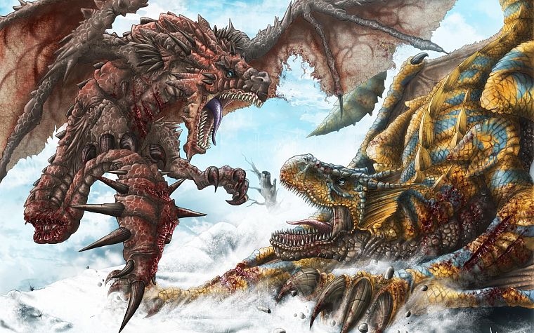 wings, dragons, blood, Monster Hunter, fantasy art, battles, artwork, Tigrex, Rathalos - desktop wallpaper