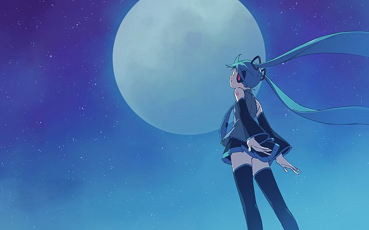 headphones, tattoos, Vocaloid, night, back, stars, stockings, Hatsune Miku, Moon, tie, wind, skirts, long hair, outdoors, thigh highs, twintails, closed eyes, aqua hair, skyscapes, Full Moon, anime girls, detached sleeves, hair ornaments, bangs, black sto - desktop wallpaper