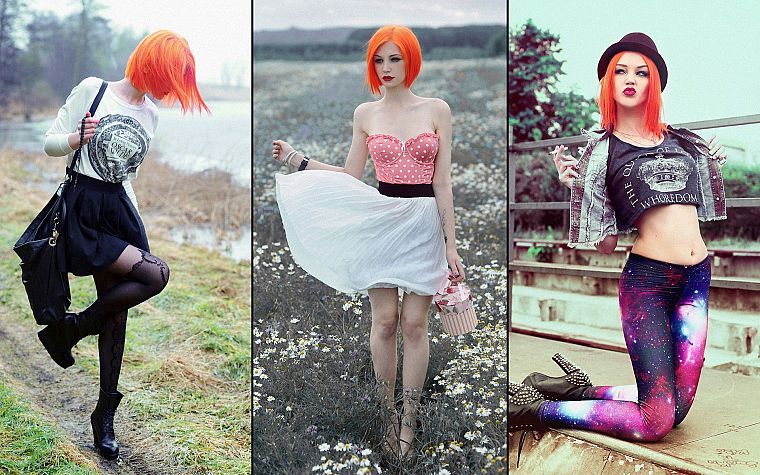 women, smoking, skirts, outdoors, leggings, pantyhose, high heels, standing, Aleksandra Wydrych, polka dots, kneeling, orange hair - desktop wallpaper