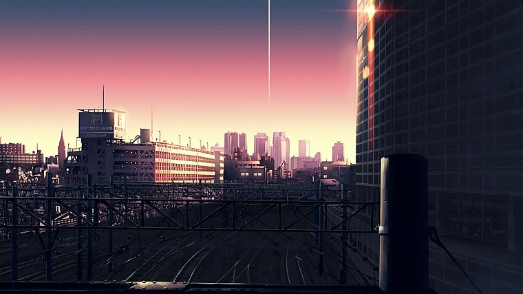 sunset, cityscapes, architecture, buildings, railroad tracks, anime, The Place Promised in Our Early Days - desktop wallpaper
