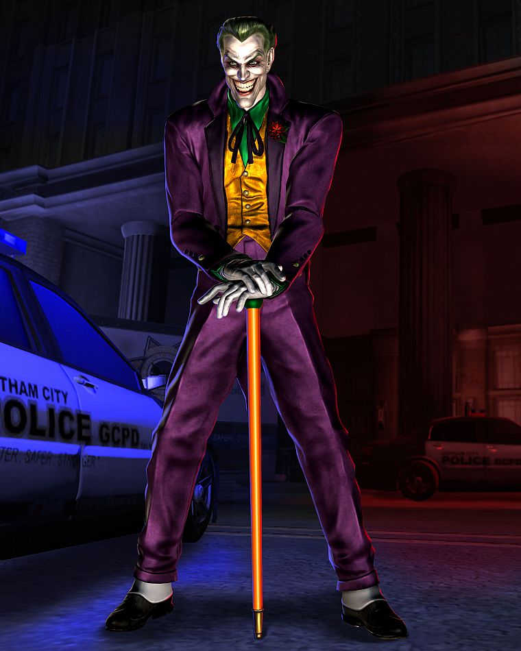 DC Comics, The Joker, smiling, cane, police cars, villians - desktop wallpaper
