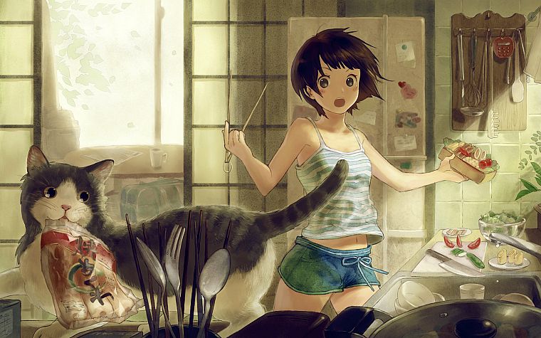 brunettes, women, cats, black eyes, short hair, anime girls, original characters - desktop wallpaper