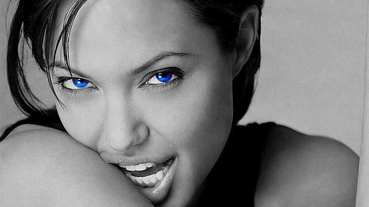 women, blue eyes, Angelina Jolie, selective coloring - desktop wallpaper