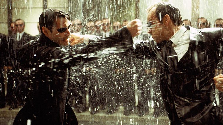 rain, Neo, Matrix, Agent Smith, screenshots, sunglasses, Keanu Reeves, Hugo Weaving, punch - desktop wallpaper