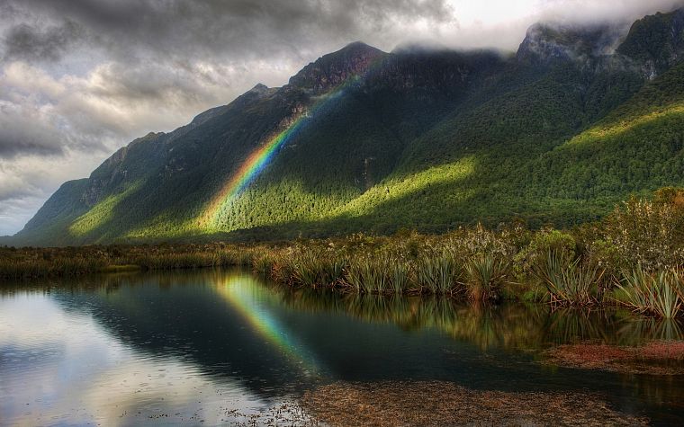 mountains, clouds, nature, forests, rainbows - desktop wallpaper