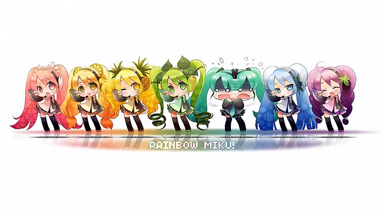 Vocaloid, Hatsune Miku, chibi, rainbows, anime, simple background, detached sleeves - desktop wallpaper