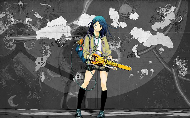 black and white, blue, yellow, gray, chainsaw, anime, selective coloring - desktop wallpaper
