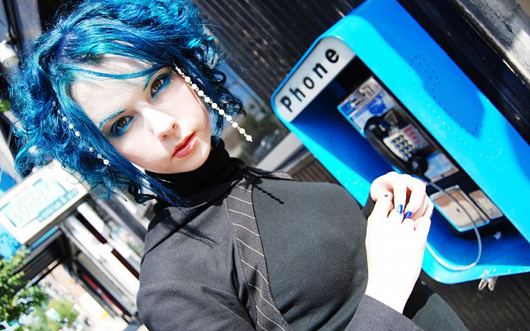 women, cosplay, blue hair, phone booth - desktop wallpaper