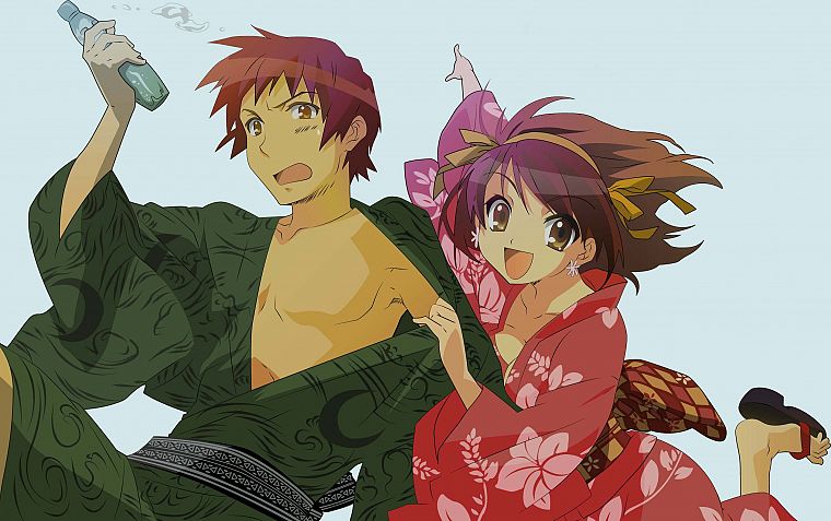 The Melancholy of Haruhi Suzumiya, Kyon, anime, Japanese clothes, Suzumiya Haruhi - desktop wallpaper