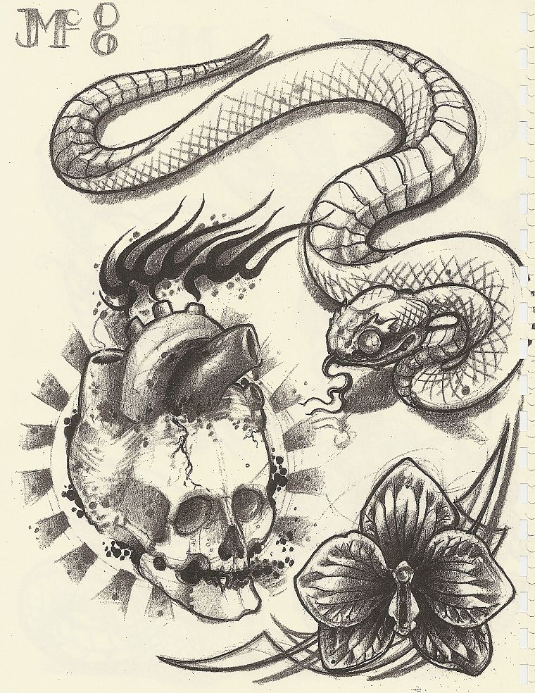 skulls, flowers, snakes, drawings, hearts - desktop wallpaper