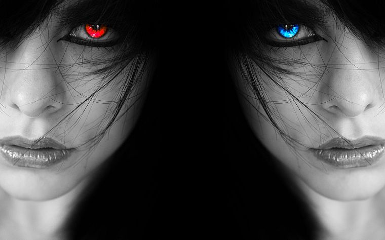 women, eyes, black, dark, blue eyes, red eyes, grayscale, selective coloring, black background - desktop wallpaper