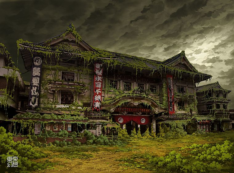 Tokyo, ruins, post-apocalyptic, buildings, artwork, overcast, Asian architecture, Ivy, theatre, abandoned, banners, TokyoGenso - desktop wallpaper