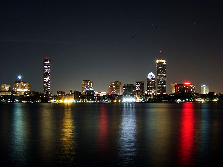 cityscapes, night, buildings, Boston, reflections - desktop wallpaper