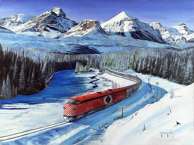 mountains, winter, snow, trains, railroad tracks, vehicles - desktop wallpaper