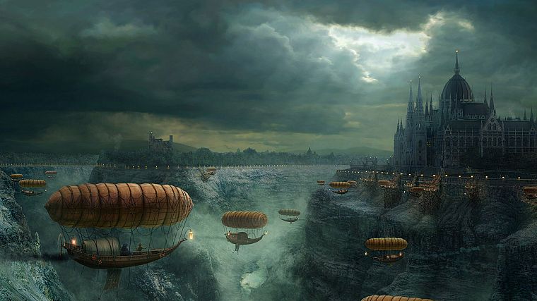 castles, steampunk, fantasy art, vehicles, airship - desktop wallpaper