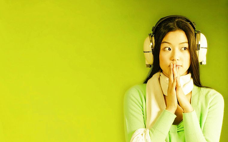 headphones, women, Asians, simple background, green background - desktop wallpaper