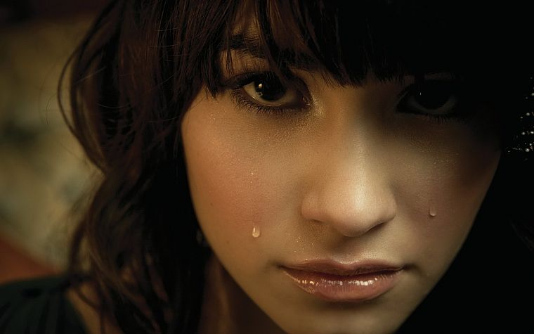brunettes, women, close-up, tears, Demi Lovato, bangs - desktop wallpaper