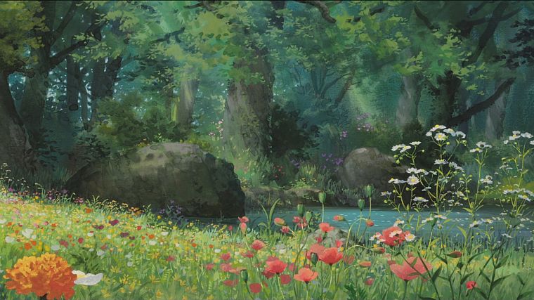 trees, rocks, artwork, Karigurashi no Arrietty, The Secret World of Arrietty, wildflowers - desktop wallpaper