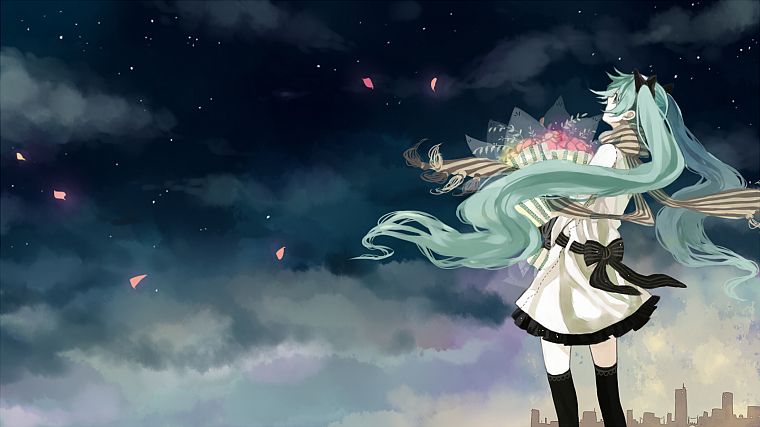 Vocaloid, Hatsune Miku, green hair, skyscapes - desktop wallpaper