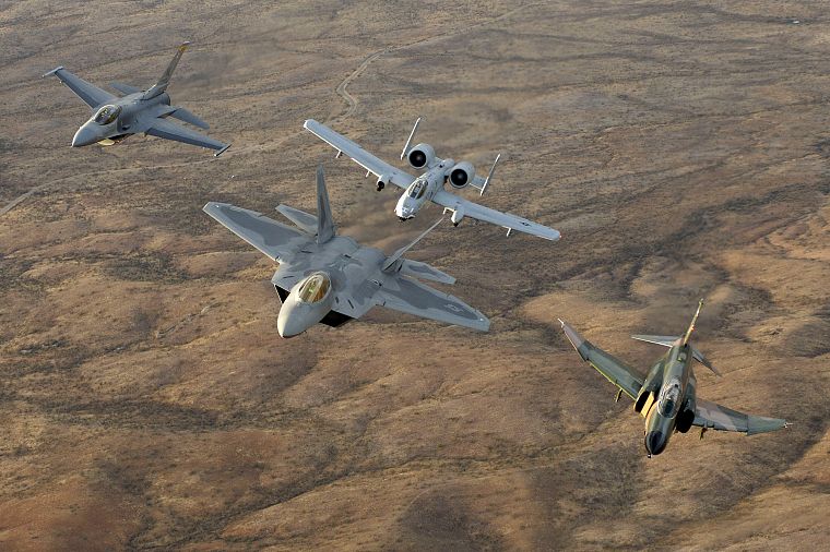 aircraft, military, F-22 Raptor, planes, F-4 Phantom II, A-10 Thunderbolt II, F-16 Fighting Falcon - desktop wallpaper